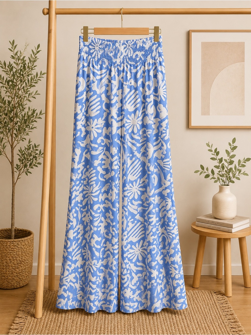 Abrand Blue & White Floral Wide Leg Pants